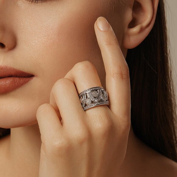 Sterling Silver 925 CZ Wide Filigree Band Ring Size 7.5 - Picture 1 of 6